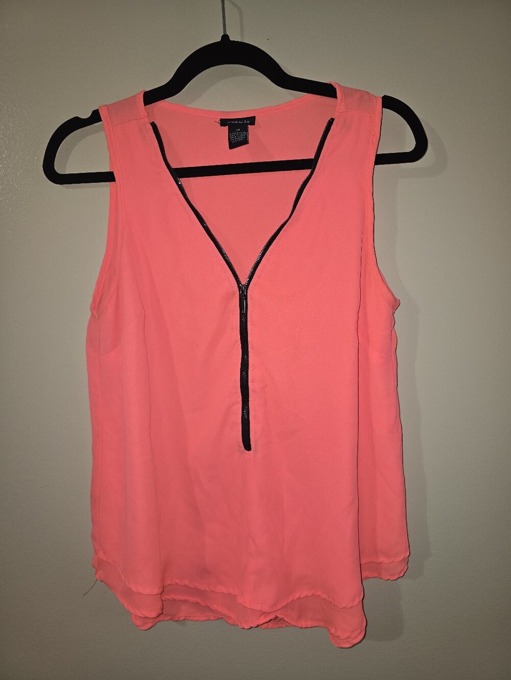 Women's Neon Coral Sleeveless Zip-Front Top